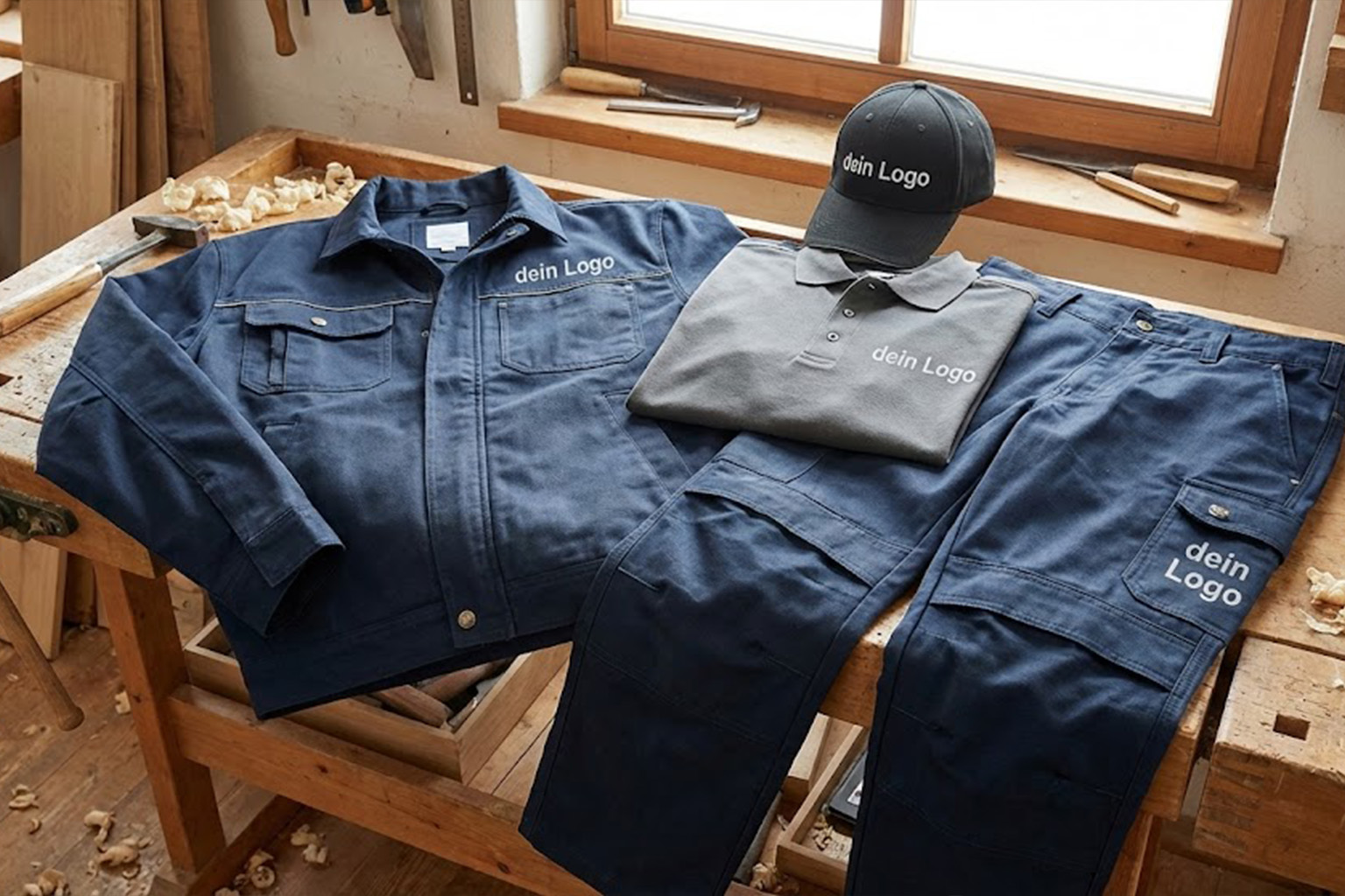 Ein komplettes Set robuster Arbeitskleidung für Handwerker liegt auf einer hölzernen Werkbank zwischen Holzspänen und Werkzeug. Es besteht aus einer dunkelblauen Arbeitsjacke, einer passenden Bundhose, einem grauen Poloshirt und einem schwarzen Basecap. Alle Teile sind mit dem weißen Platzhalter-Schriftzug "dein Logo" veredelt.