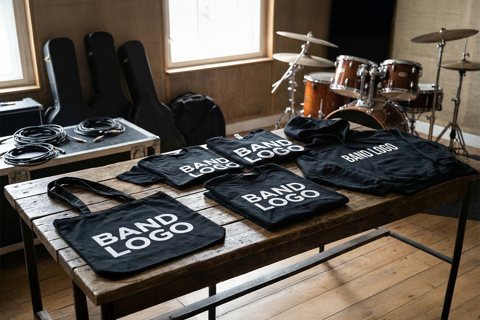 Ein Set aus schwarzem Band-Merchandise (drei T-Shirts, ein Hoodie, eine Stofftasche/Tote Bag) mit weißem 'BAND LOGO' Siebdruck liegt auf einem Holztisch in einem Proberaum. Im Hintergrund sind ein Schlagzeug, Gitarrenkoffer und Kabel zu sehen.