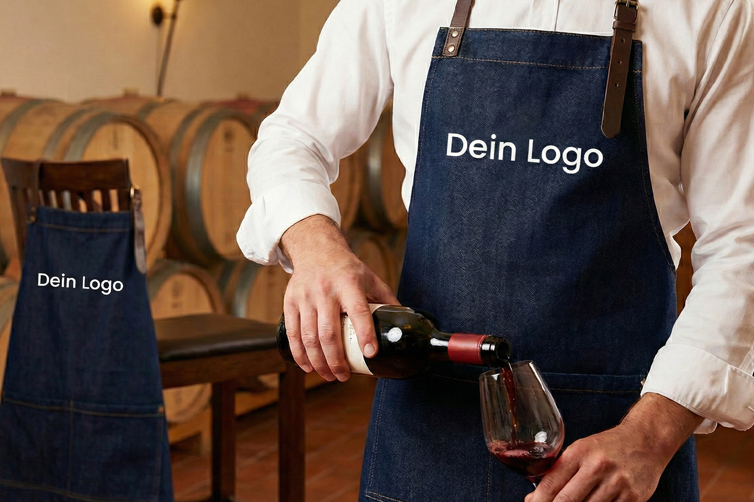 Sommelier im Weinkeller schenkt Rotwein ein, bekleidet mit einer edlen Jeans-Bistroschürze (Latzschürze) mit Lederriemen. Auf der Brust ist der weiße Platzhalter-Druck "Dein Logo" zu sehen. Im Hintergrund Barrique-Fässer.