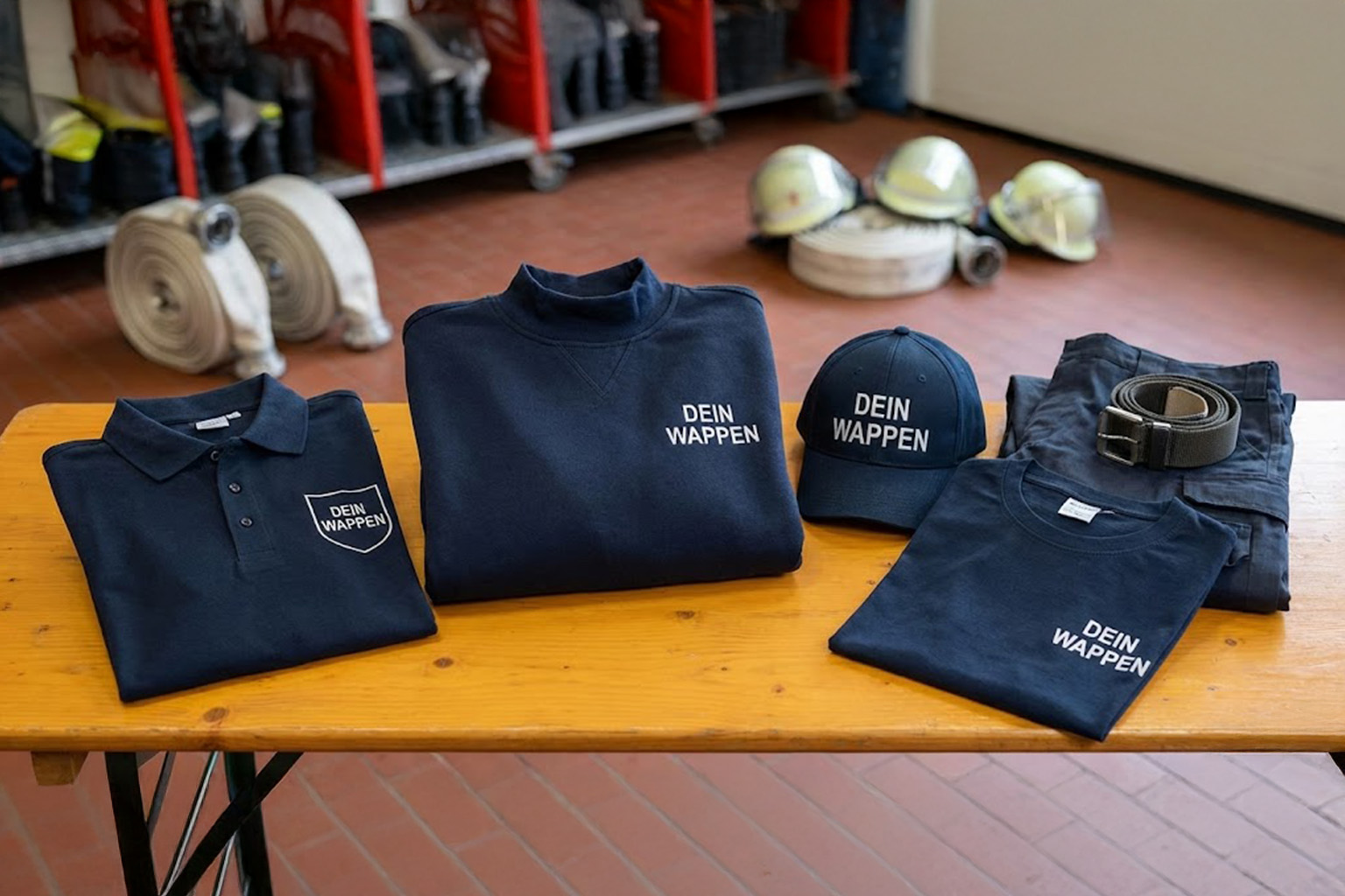Ein Set aus dunkelblauer Feuerwehrkleidung liegt auf einem Holztisch in einer Fahrzeughalle. Zu sehen sind ein Poloshirt, ein Sweatshirt, ein T-Shirt, eine Einsatzhose und ein Basecap. Die Oberteile und die Mütze sind einheitlich mit dem weißen Platzhalter 'DEIN WAPPEN' auf der linken Brust veredelt. Im unscharfen Hintergrund liegen aufgerollte Feuerwehrschläuche und Helme.