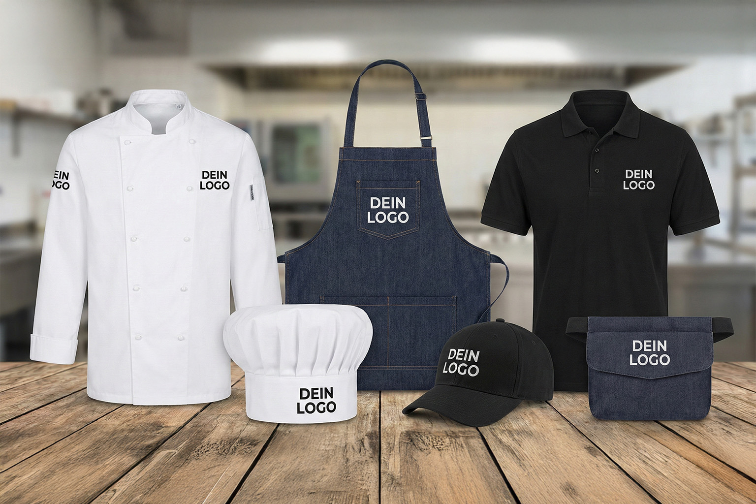 Komplettes Set an Gastronomie-Bekleidung auf einem Holztisch: weiße Kochjacke, blaue Jeans-Latzschürze, schwarzes Poloshirt, Kochmütze, Baseball-Cap und Kellnertasche. Alle Teile sind mit dem weißen Platzhalter-Logo "DEIN LOGO" bedruckt oder bestickt. Im Hintergrund eine unscharfe Gastro-Küche.