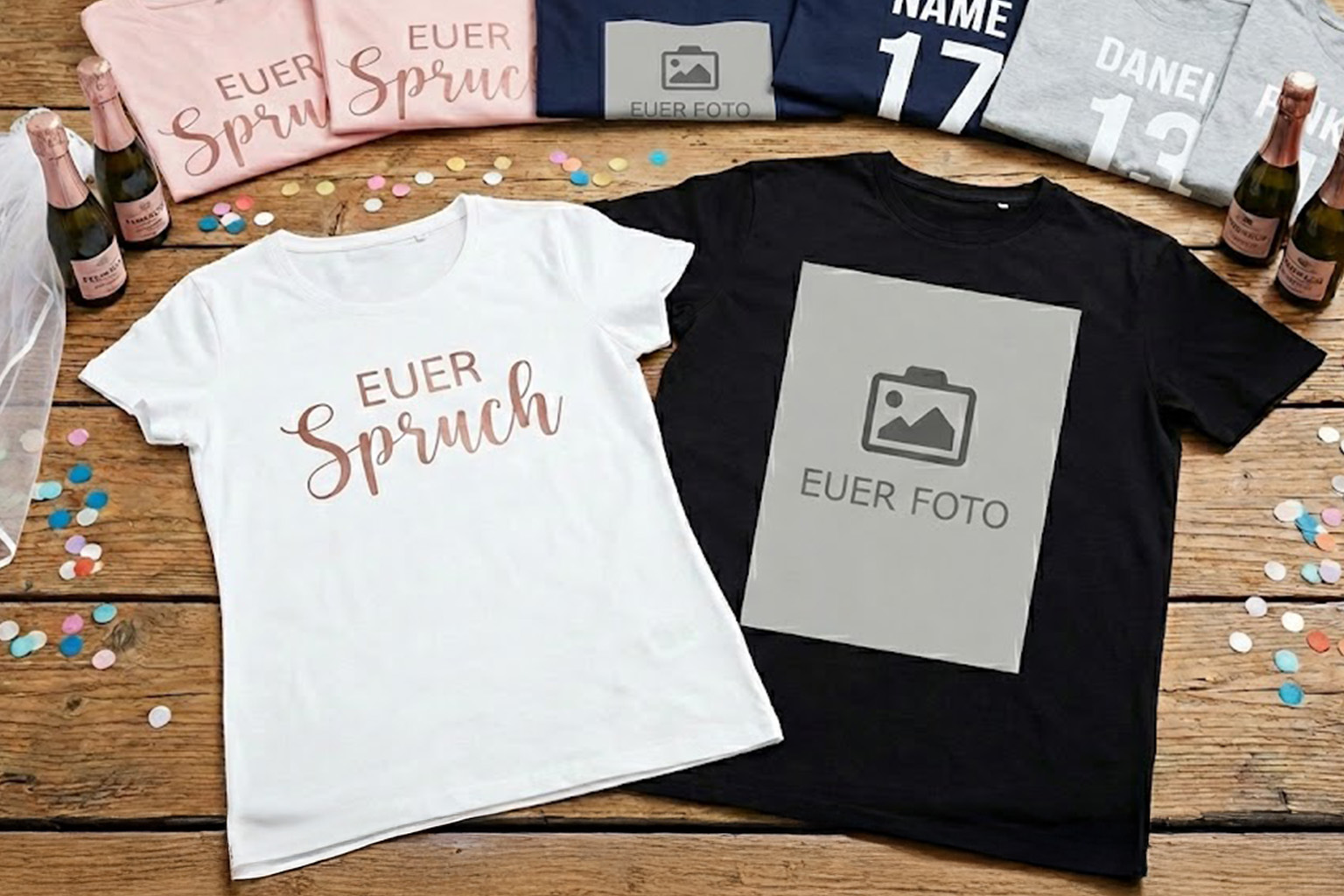 Ein weißes T-Shirt mit dem roségoldenen Schriftzug 'EUER Spruch' und ein schwarzes T-Shirt mit einem grauen Platzhalter-Feld für ein Foto, darauf ein Kamera-Icon und der Text 'EUER FOTO'. Beide Shirts liegen auf einem Holztisch, dekoriert mit Konfetti, kleinen Sektflaschen und einem weißen Schleier für einen Junggesellenabschied.