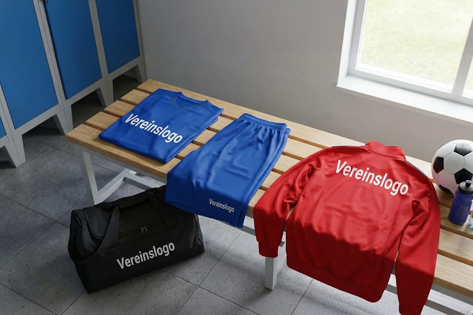 Ein Set aus bedruckter Sportkleidung liegt auf einer Holzbank in einer hellen Umkleidekabine. Zu sehen sind ein blaues Trikot, eine blaue Sporthose, eine rote Trainingsjacke (Rückseite) und eine schwarze Sporttasche, jeweils mit dem weißen Platzhalter-Schriftzug 'Vereinslogo'. Im Hintergrund liegen ein Fußball und Wasserflaschen.