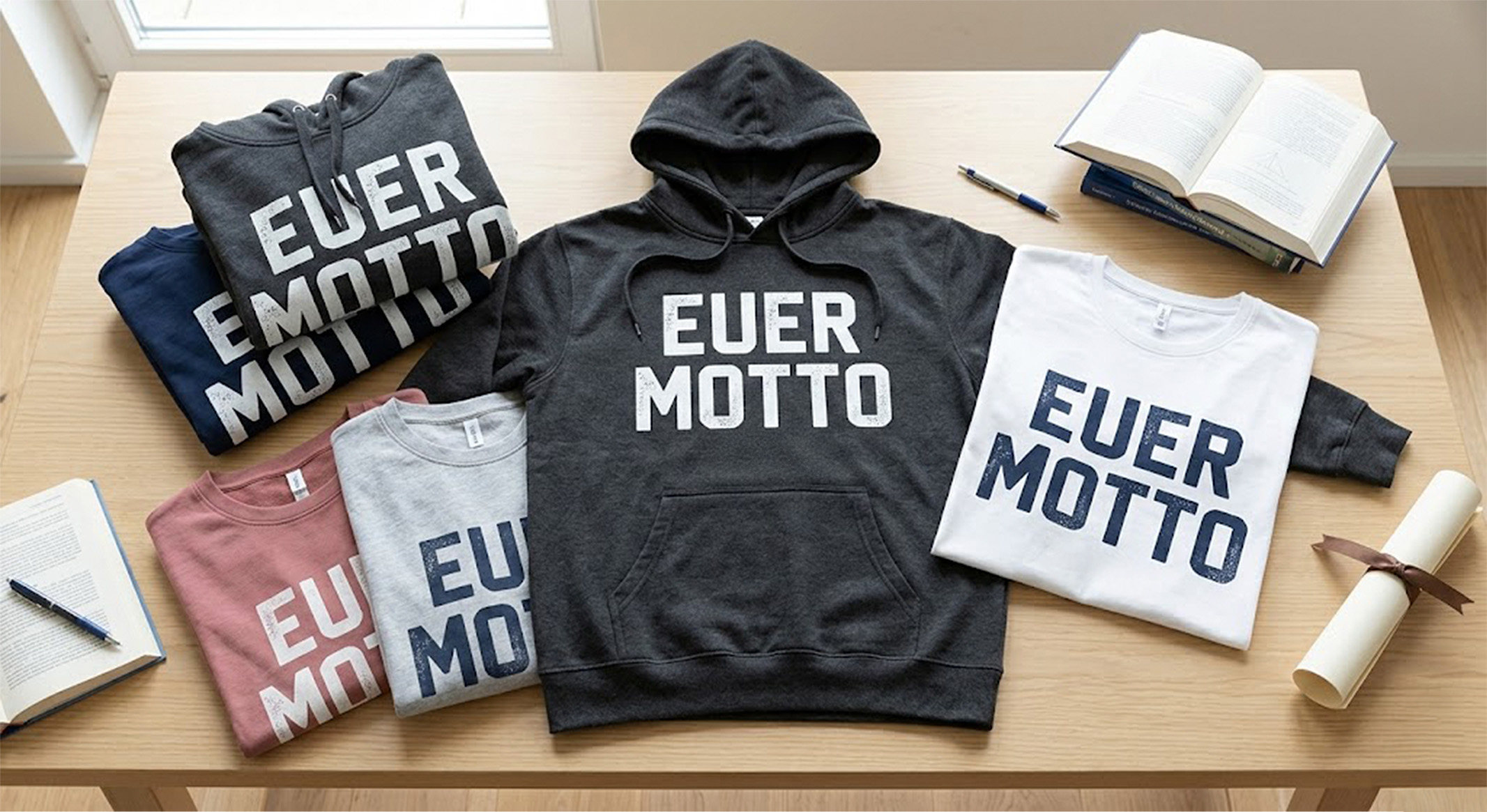 Auswahl an bedruckten Schulabschluss-T-Shirts und Kapuzenpullovern (Hoodies) als Flatlay auf einem hellen Holztisch, umgeben von Büchern, Stiften und einem gerollten Diplom. Prominent im Vordergrund ein dunkelgrauer Hoodie mit weißem und ein weißes T-Shirt mit dunkelblauem, fetten Aufdruck 'EUER MOTTO' und darunter 'AK 26' als Platzhalter. Mehrere gefaltete Textilien in Rosa, Hellgrau und Navy mit ähnlichem Motiv liegen im Hintergrund.