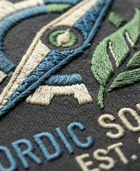 Detailaufnahme Stickerei: Firmenlogo "Nordic Solutions" in Weiß, Blau und Grün auf dunklem Textil – hochwertige 3D-Optik und hohe Stichdichte.