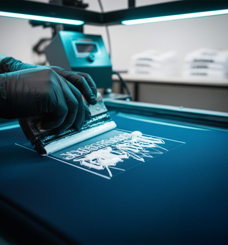 Professioneller Siebdruck-Prozess bei modernem Licht: Rakel zieht deckende weiße Farbe auf ein dunkelblaues Textil.