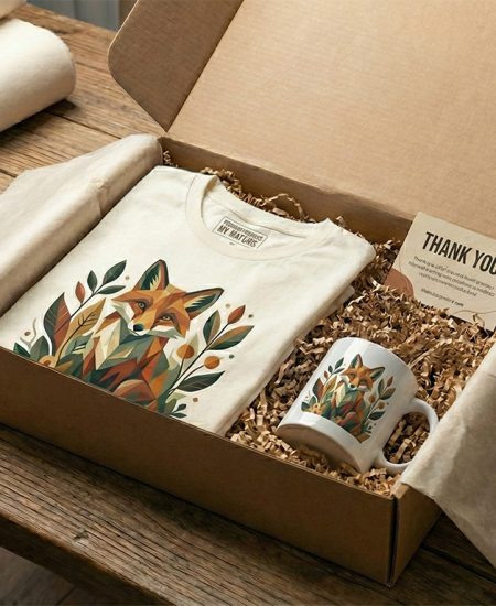 Geöffnetes Versandpaket mit bedrucktem T-Shirt, passender Tasse und Dankeskarte – Beispiel für Premium Print-on-Demand Fulfillment und Branding.